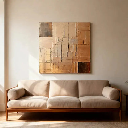 Beige Wall Decor - Textured Grid Pattern Canvas Art Artmeto Wood wall art