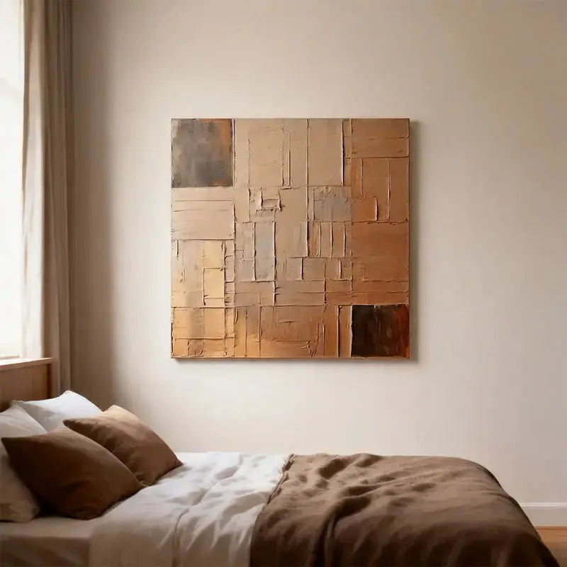 Beige Wall Decor - Textured Grid Pattern Canvas Art Artmeto Wood wall art