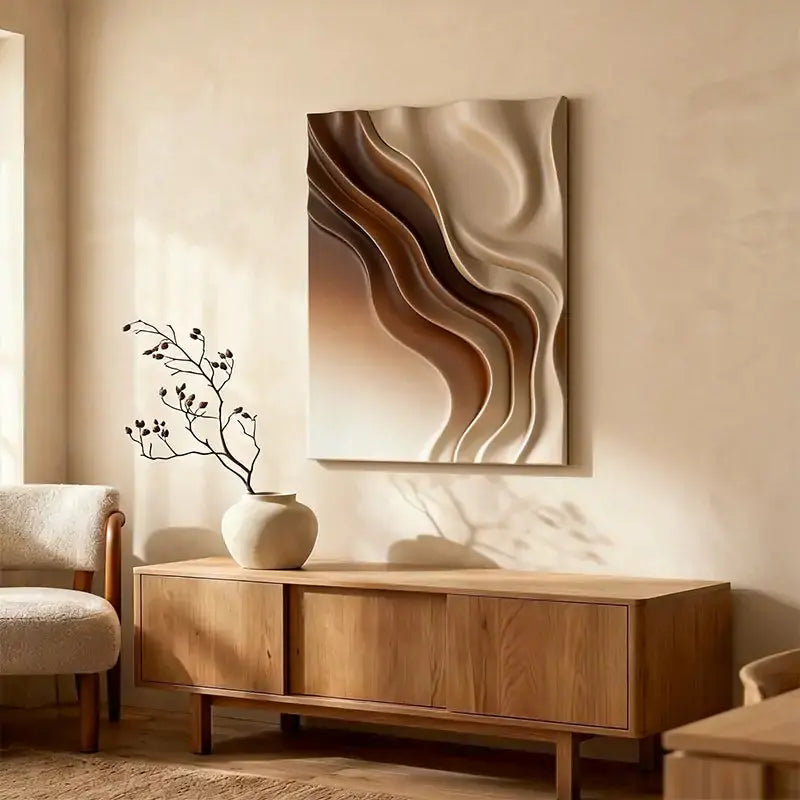 Beige & Caramel Wave Organic Flow Abstract 3D Relief Wall Decor Artmeto Wood wall art