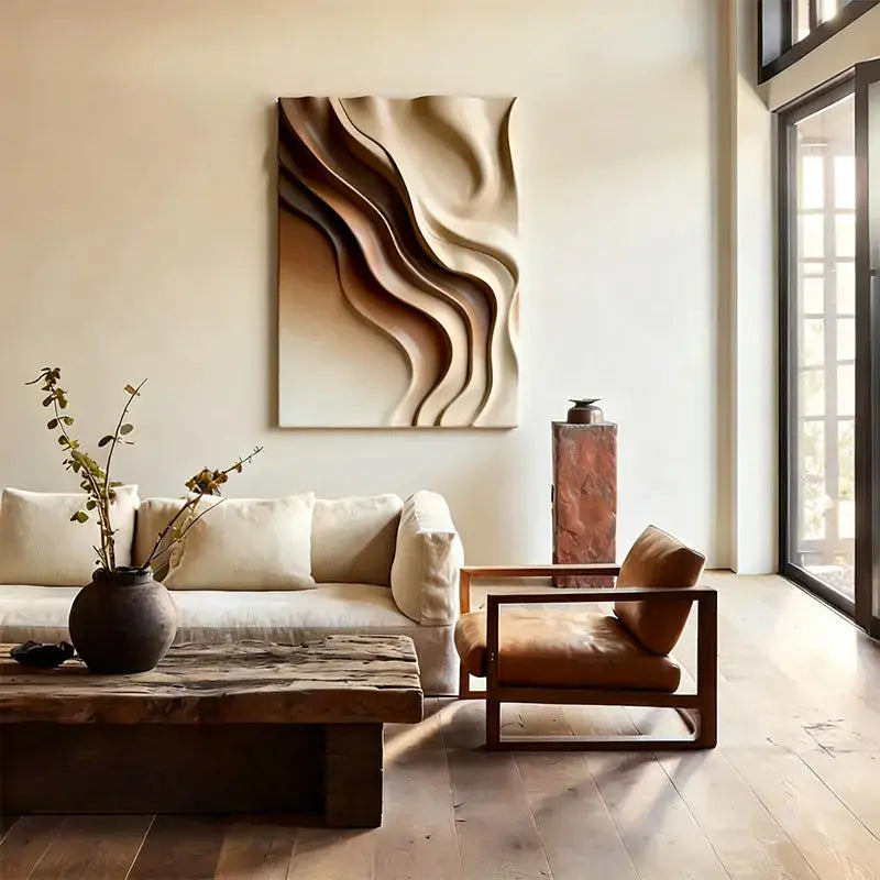 Beige & Caramel Wave Organic Flow Abstract 3D Relief Wall Decor Artmeto Wood wall art