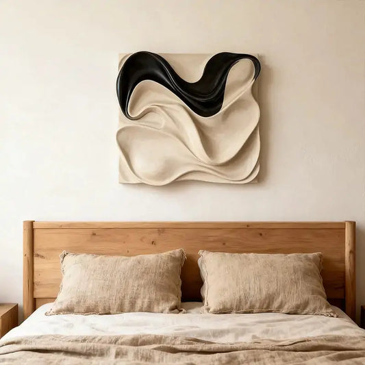 Black & Cream Draped Fabric Wave 3D Relief Wall Art Artmeto Wood wall art