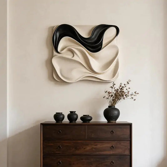 Black & Cream Draped Fabric Wave 3D Relief Wall Art Artmeto Wood wall art