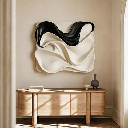 Black & Cream Draped Fabric Wave 3D Relief Wall Art Artmeto Wood wall art