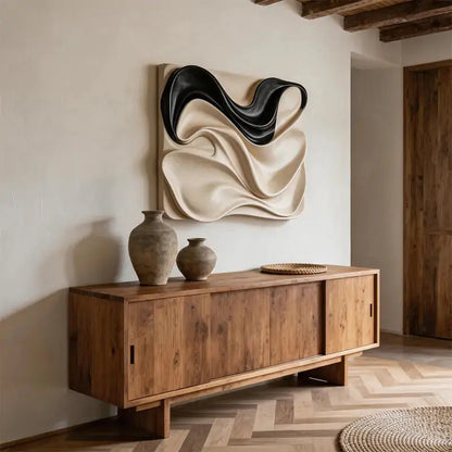 Black & Cream Draped Fabric Wave 3D Relief Wall Art Artmeto Wood wall art