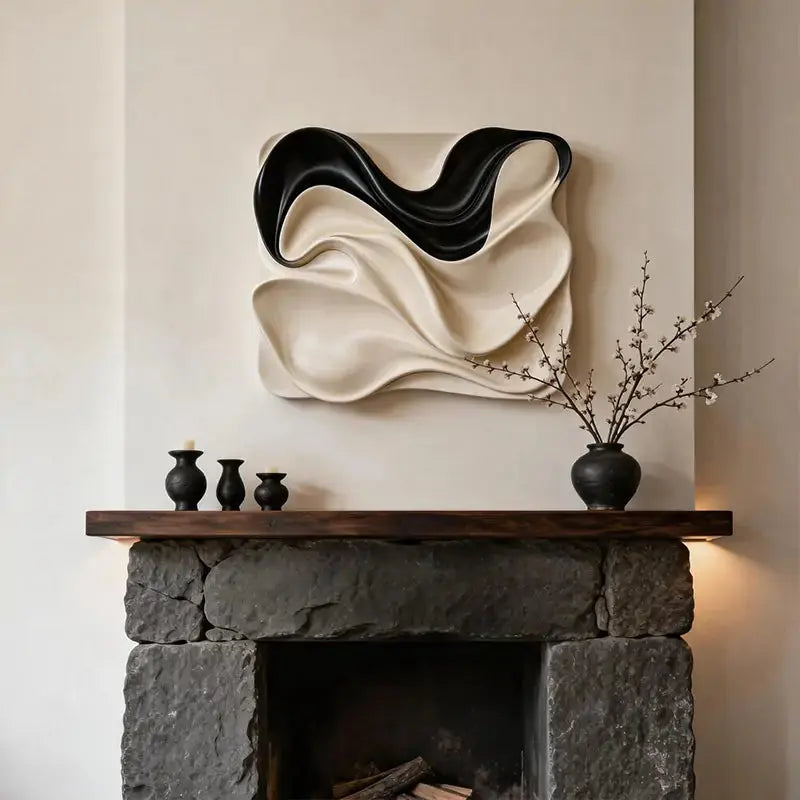 Black & Cream Draped Fabric Wave 3D Relief Wall Art Artmeto Wood wall art