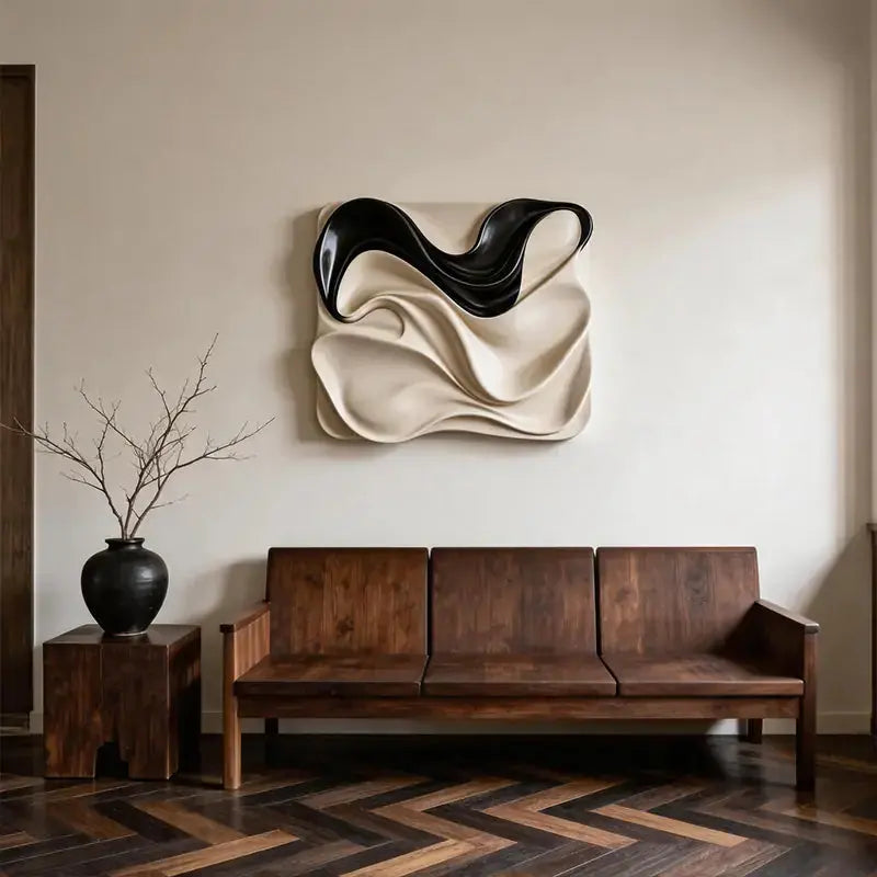 Black & Cream Draped Fabric Wave 3D Relief Wall Art Artmeto Wood wall art