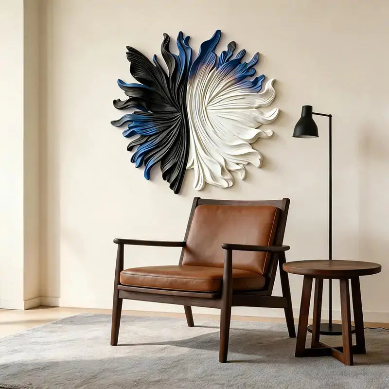 Black, Blue & Ivory Organic Fan 3D Relief Wall Sculpture Artmeto Wood wall art-2