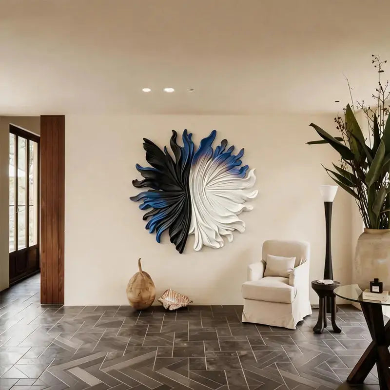 Black, Blue & Ivory Organic Fan 3D Relief Wall Sculpture Artmeto Wood wall art-3