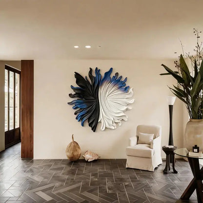 Black, Blue & Ivory Organic Fan 3D Relief Wall Sculpture Artmeto Wood wall art-3