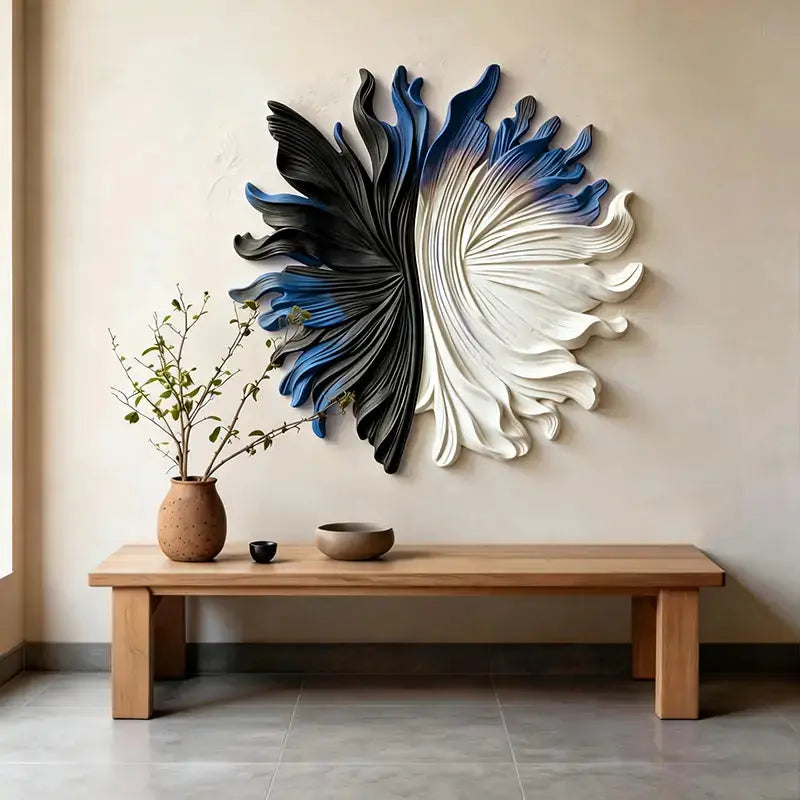 Black, Blue & Ivory Organic Fan 3D Relief Wall Sculpture Artmeto Wood wall art-4