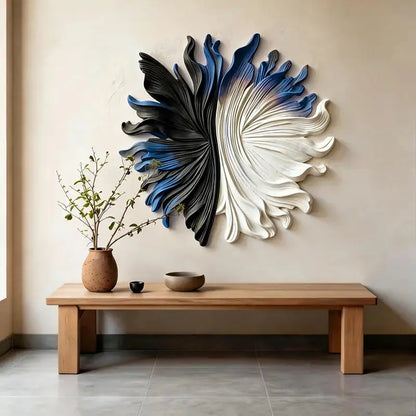 Black, Blue & Ivory Organic Fan 3D Relief Wall Sculpture Artmeto Wood wall art-4