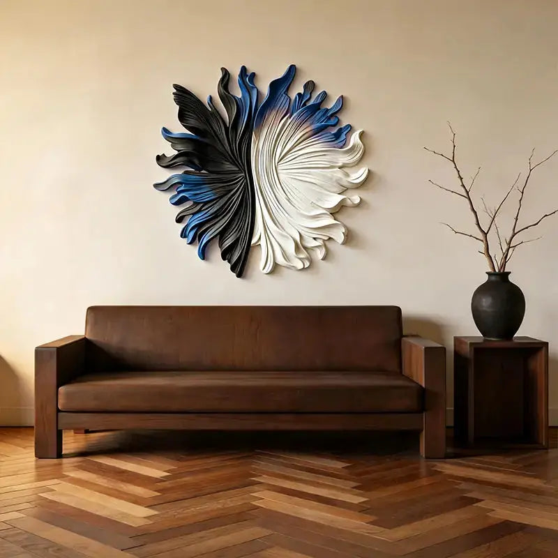Black, Blue & Ivory Organic Fan 3D Relief Wall Sculpture Artmeto Wood wall art-5