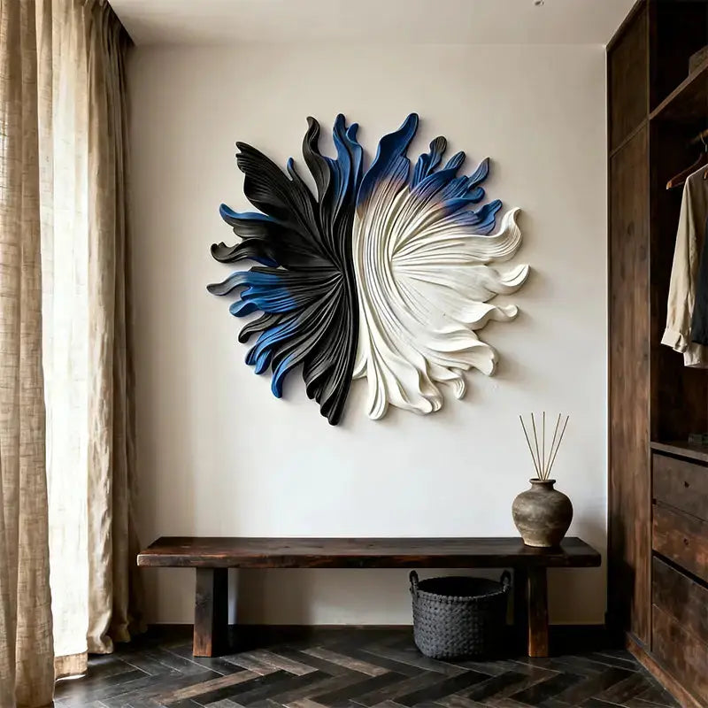 Black, Blue & Ivory Organic Fan 3D Relief Wall Sculpture Artmeto Wood wall art-7
