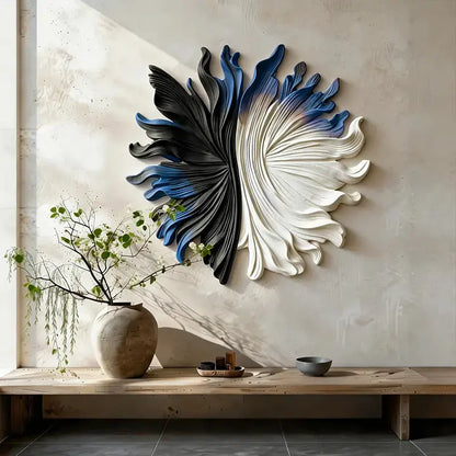 Black, Blue & Ivory Organic Fan 3D Relief Wall Sculpture Artmeto Wood wall art-8