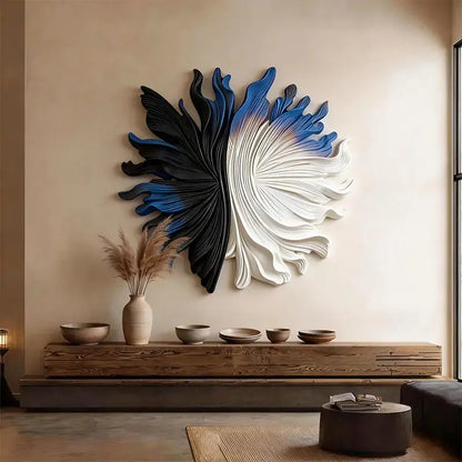Black, Blue & Ivory Organic Fan 3D Relief Wall Sculpture Artmeto Wood wall art-1