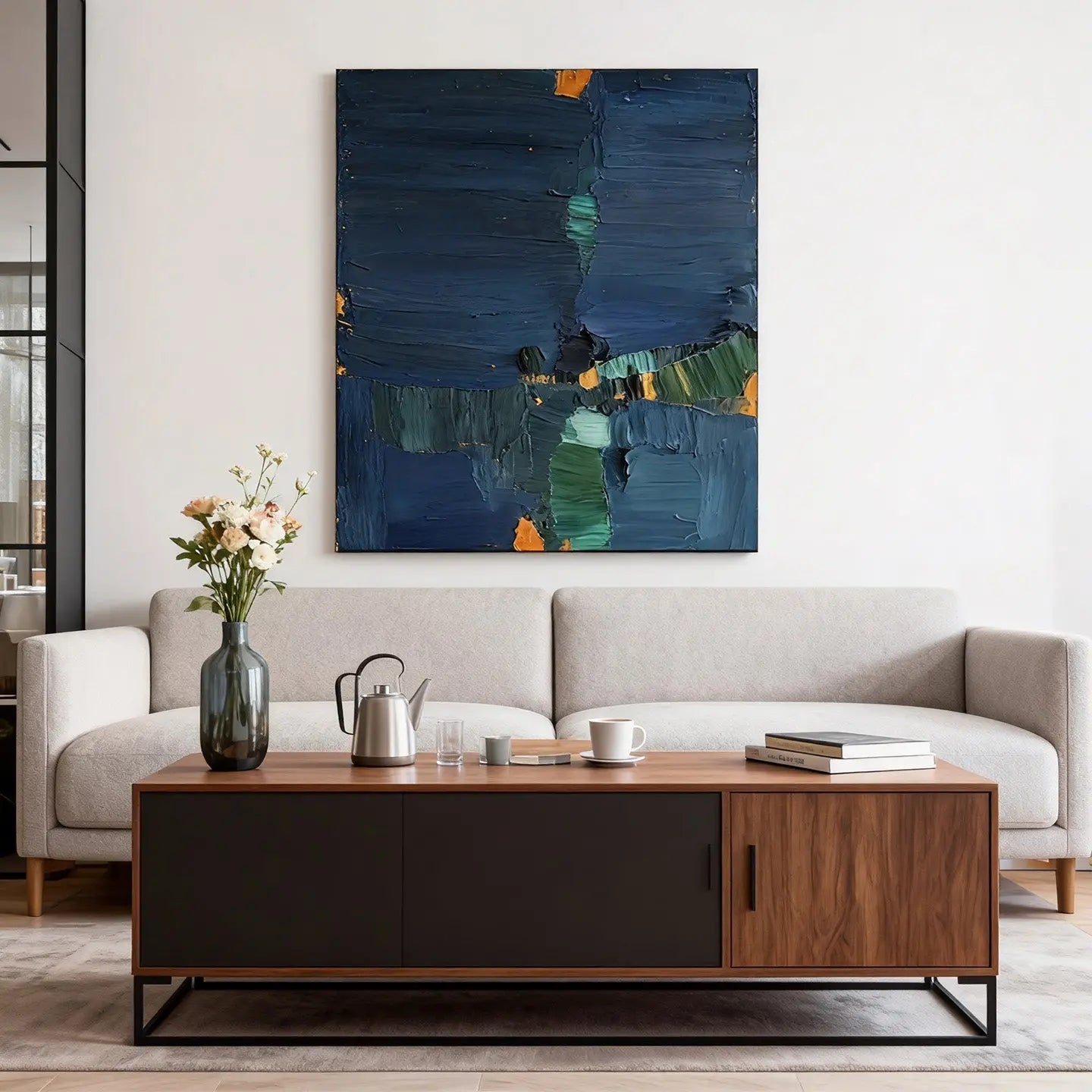 Blue Green Abstract Wall Art-Textured Gold Foil Canvas Decor-Artmeto Artmeto Wood wall art
