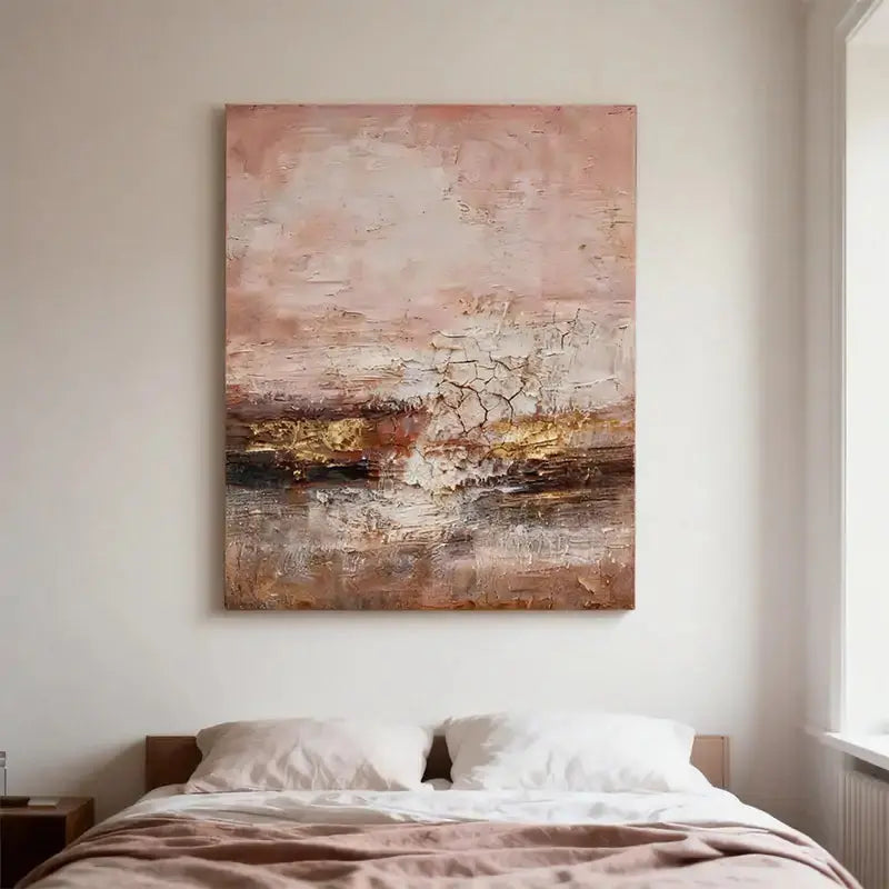 Blush, Taupe & Shimmering Gold Impasto Abstract Painting Artmeto Wood wall art