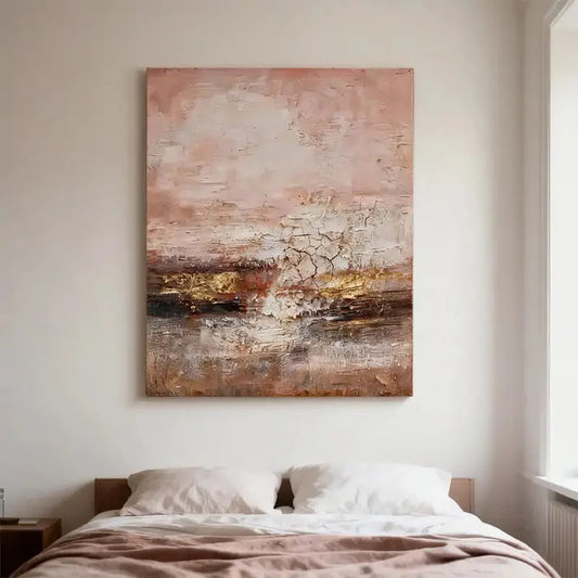 Blush, Taupe & Shimmering Gold Impasto Abstract Painting Artmeto Wood wall art