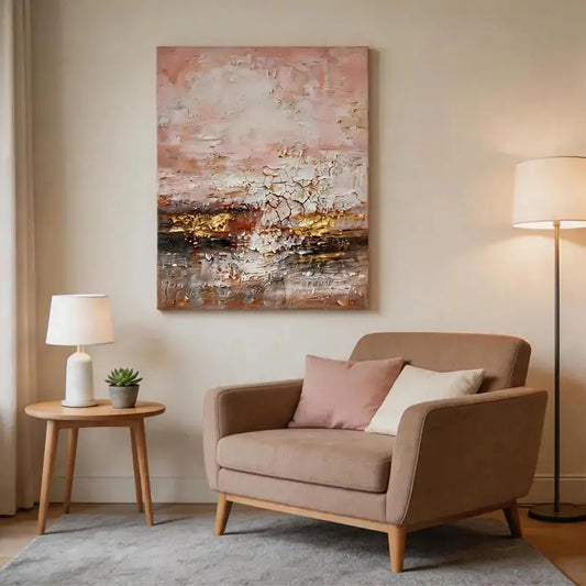 Blush, Taupe & Shimmering Gold Impasto Abstract Painting Artmeto Wood wall art