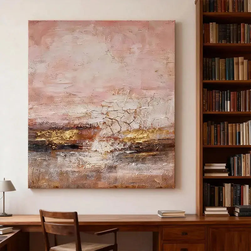 Blush, Taupe & Shimmering Gold Impasto Abstract Painting Artmeto Wood wall art