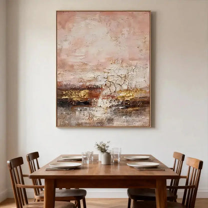Blush, Taupe & Shimmering Gold Impasto Abstract Painting Artmeto Wood wall art