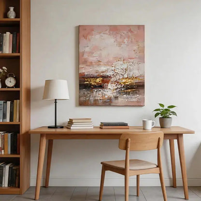 Blush, Taupe & Shimmering Gold Impasto Abstract Painting Artmeto Wood wall art