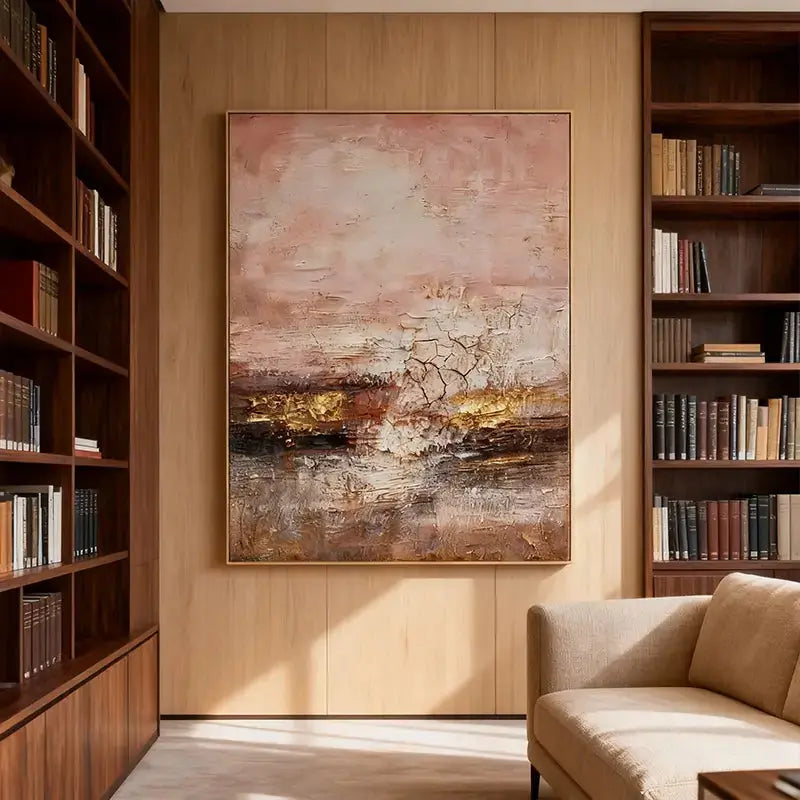 Blush, Taupe & Shimmering Gold Impasto Abstract Painting Artmeto Wood wall art