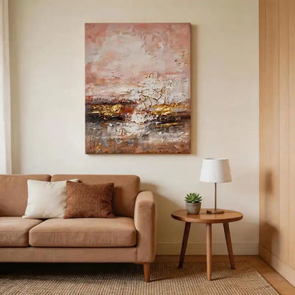 Blush, Taupe & Shimmering Gold Impasto Abstract Painting Artmeto Wood wall art