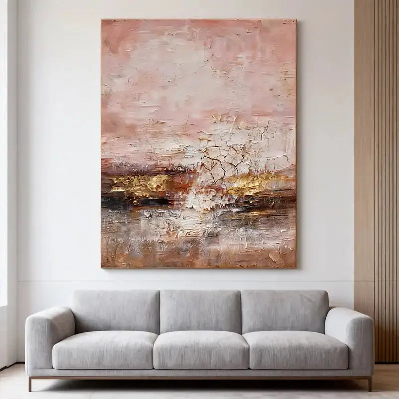 Blush, Taupe & Shimmering Gold Impasto Abstract Painting Artmeto Wood wall art