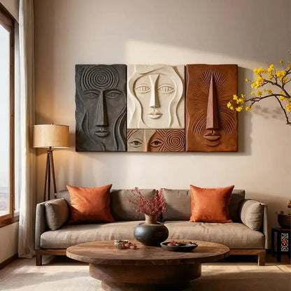 Bohemian Earth-Tone Stylized Face Textured Sculptural wall decor Artmeto Wood wall art