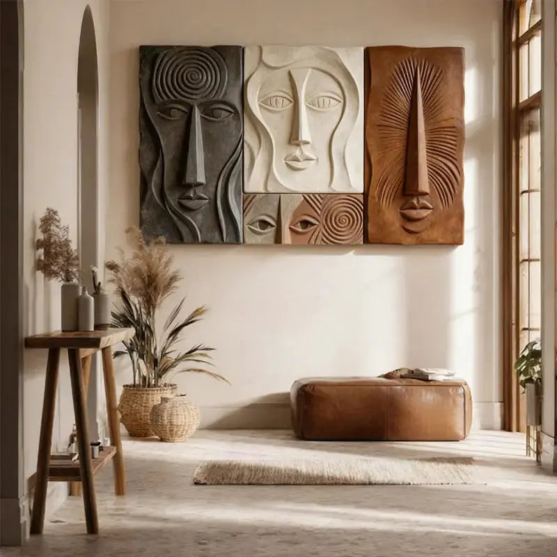 Bohemian Earth-Tone Stylized Face Textured Sculptural wall decor Artmeto Wood wall art