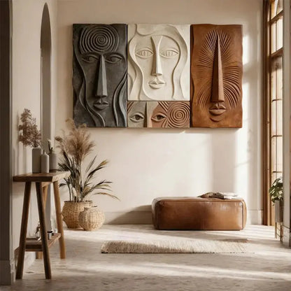 Bohemian Earth-Tone Stylized Face Textured Sculptural wall decor Artmeto Wood wall art