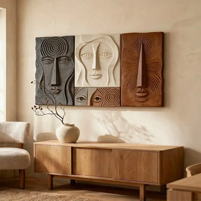Bohemian Earth-Tone Stylized Face Textured Sculptural wall decor Artmeto Wood wall art