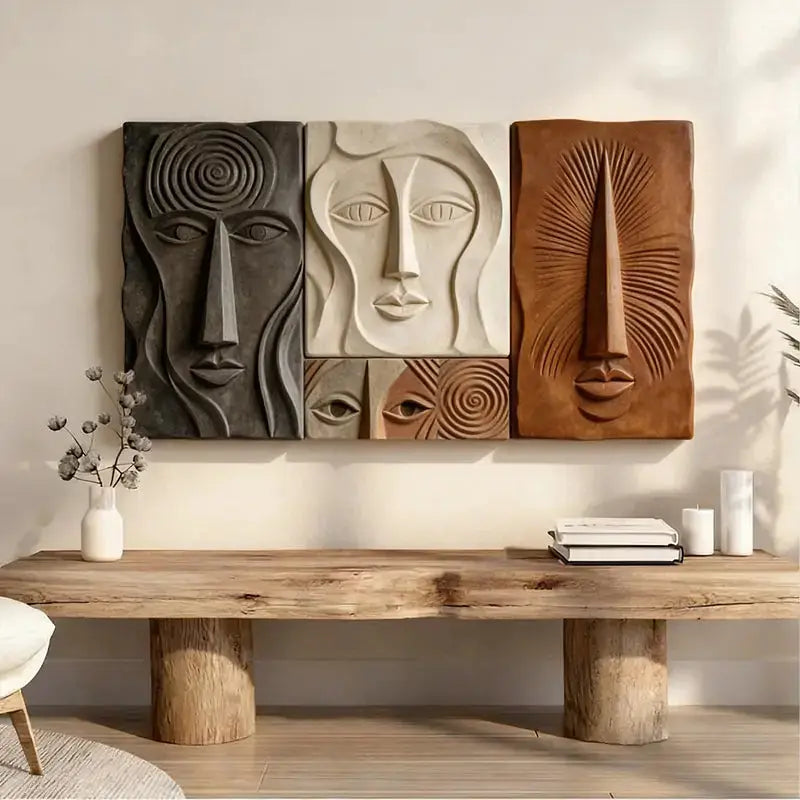 Bohemian Earth-Tone Stylized Face Textured Sculptural wall decor Artmeto Wood wall art