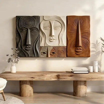 Bohemian Earth-Tone Stylized Face Textured Sculptural wall decor Artmeto Wood wall art