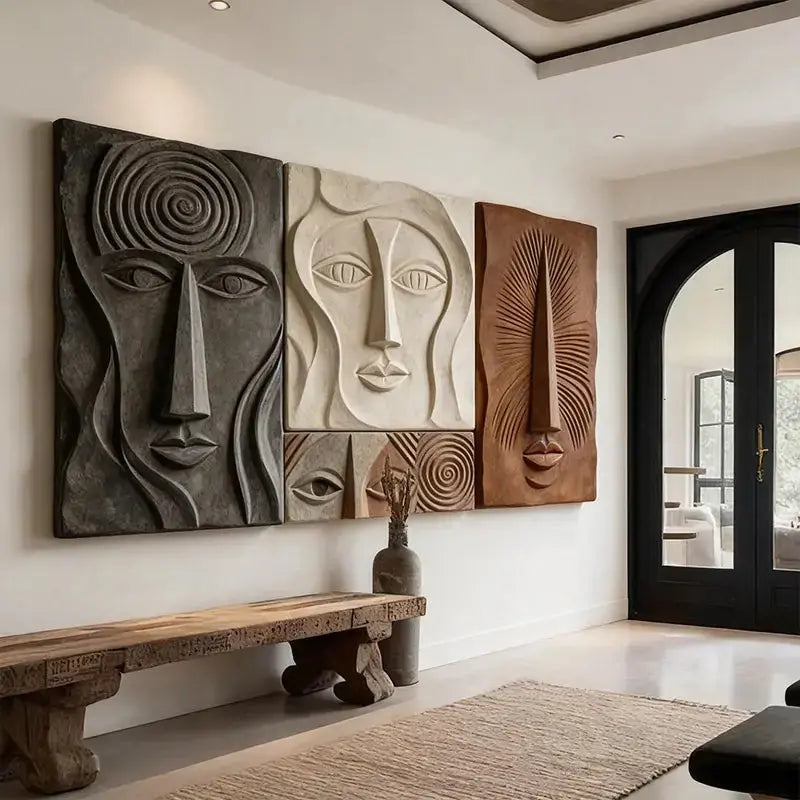 Bohemian Earth-Tone Stylized Face Textured Sculptural wall decor Artmeto Wood wall art