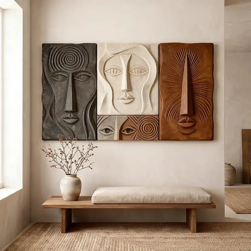 Bohemian Earth-Tone Stylized Face Textured Sculptural wall decor Artmeto Wood wall art
