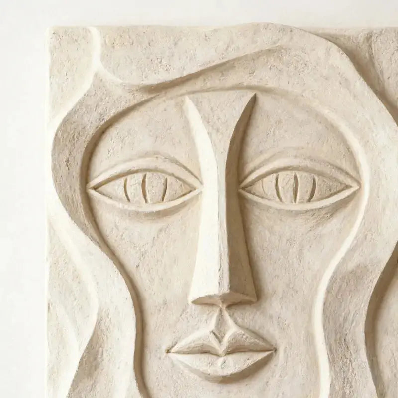 Bohemian Earth-Tone Stylized Face Textured Sculptural wall decor Artmeto Wood wall art