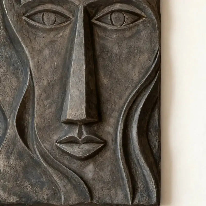 Bohemian Earth-Tone Stylized Face Textured Sculptural wall decor Artmeto Wood wall art