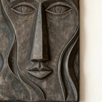Bohemian Earth-Tone Stylized Face Textured Sculptural wall decor Artmeto Wood wall art
