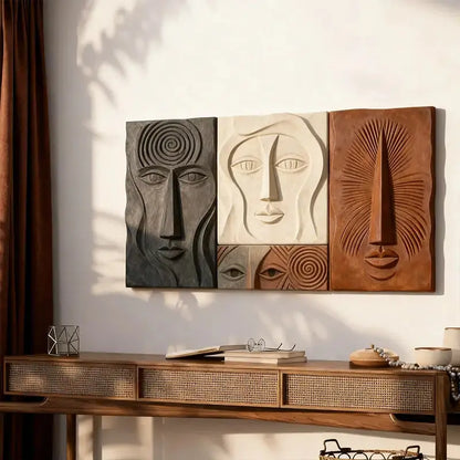 Bohemian Earth-Tone Stylized Face Textured Sculptural wall decor Artmeto Wood wall art