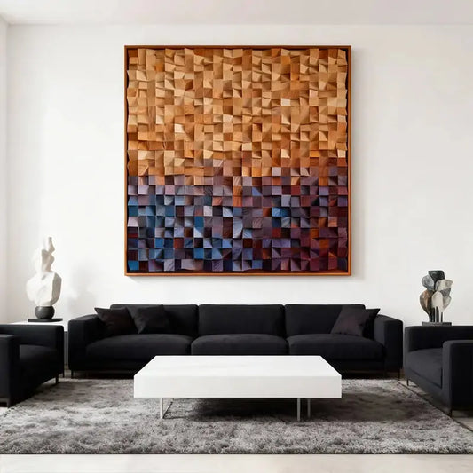 Brown and Blue Gradient Wood Wall Art - 3D Geometric Mosaic Wooden Decor Artmeto Wood wall art