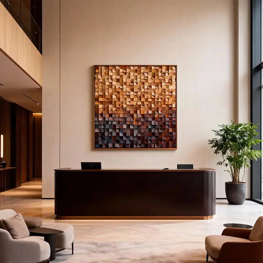 Brown and Blue Gradient Wood Wall Art - 3D Geometric Mosaic Wooden Decor Artmeto Wood wall art