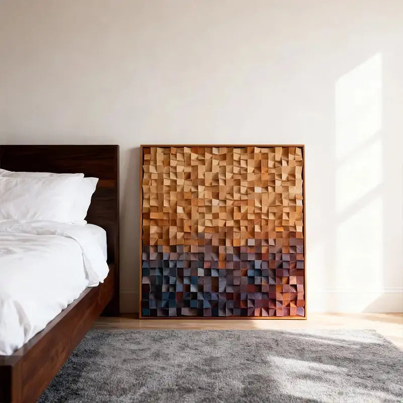 Brown and Blue Gradient Wood Wall Art - 3D Geometric Mosaic Wooden Decor Artmeto Wood wall art