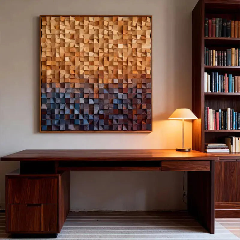 Brown and Blue Gradient Wood Wall Art - 3D Geometric Mosaic Wooden Decor Artmeto Wood wall art