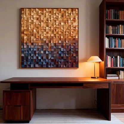 Brown and Blue Gradient Wood Wall Art - 3D Geometric Mosaic Wooden Decor Artmeto Wood wall art