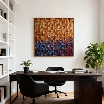 Brown and Blue Gradient Wood Wall Art - 3D Geometric Mosaic Wooden Decor Artmeto Wood wall art