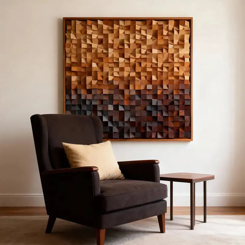 Brown and Blue Gradient Wood Wall Art - 3D Geometric Mosaic Wooden Decor Artmeto Wood wall art