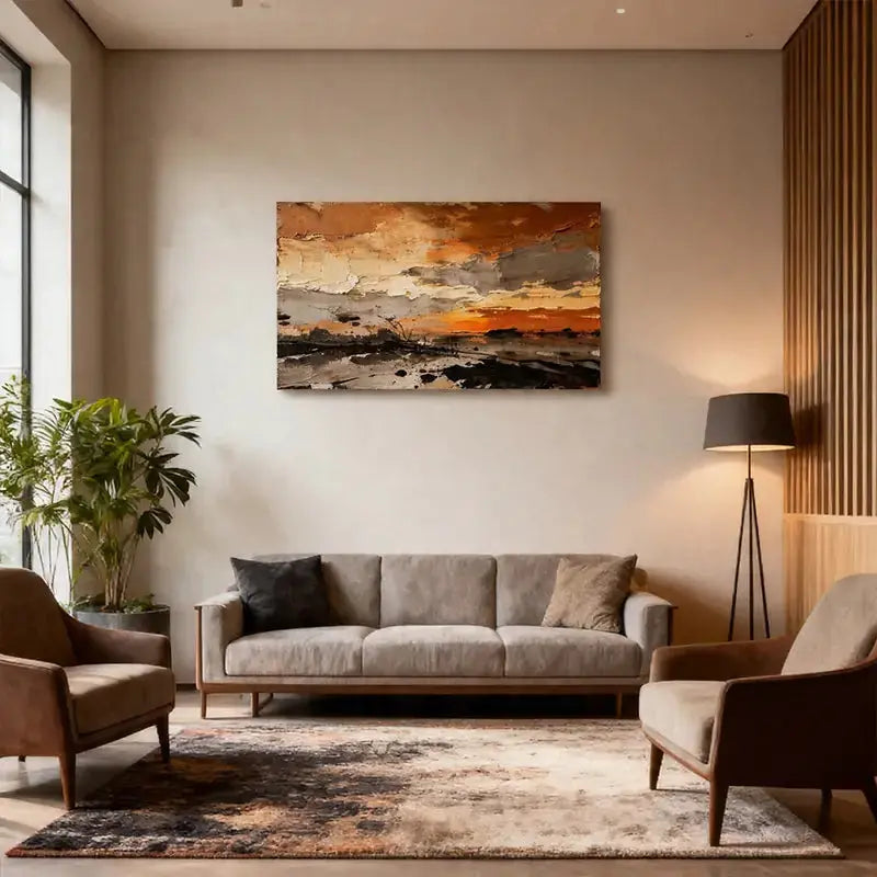 Burnt Orange & Charcoal Textured Dramatic Abstract Landscape Painting Artmeto Wood wall art