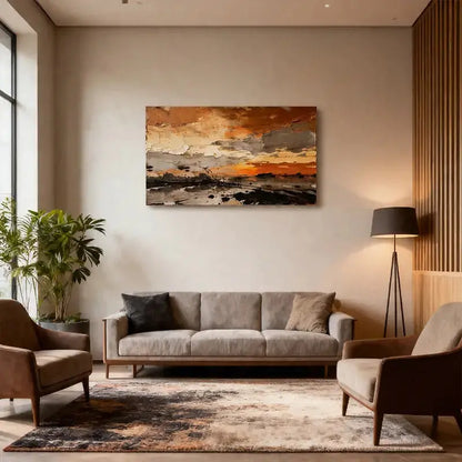 Burnt Orange & Charcoal Textured Dramatic Abstract Landscape Painting Artmeto Wood wall art